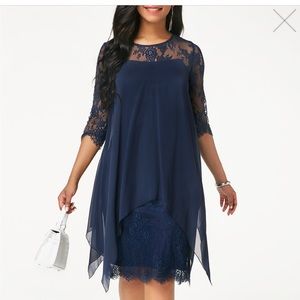 ROTITA Three Quarter Sleeve Chiffon Overlay Navy Blue Lace Dress